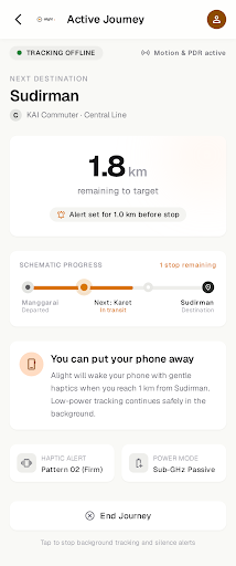 Alight live transit screen showing active journey and countdown